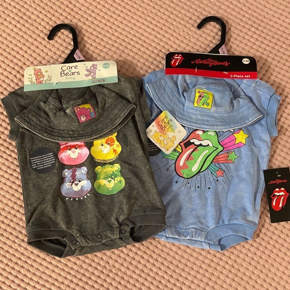 NWT Care Bears and Rolling Stones Baby Onesie Sets Super Cute! 3-6 mo.